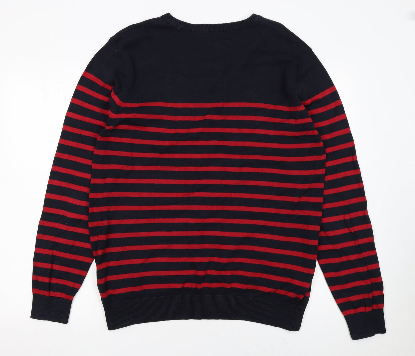 TU Men's Blue Red Striped Cotton Crew Neck Jumper Size L