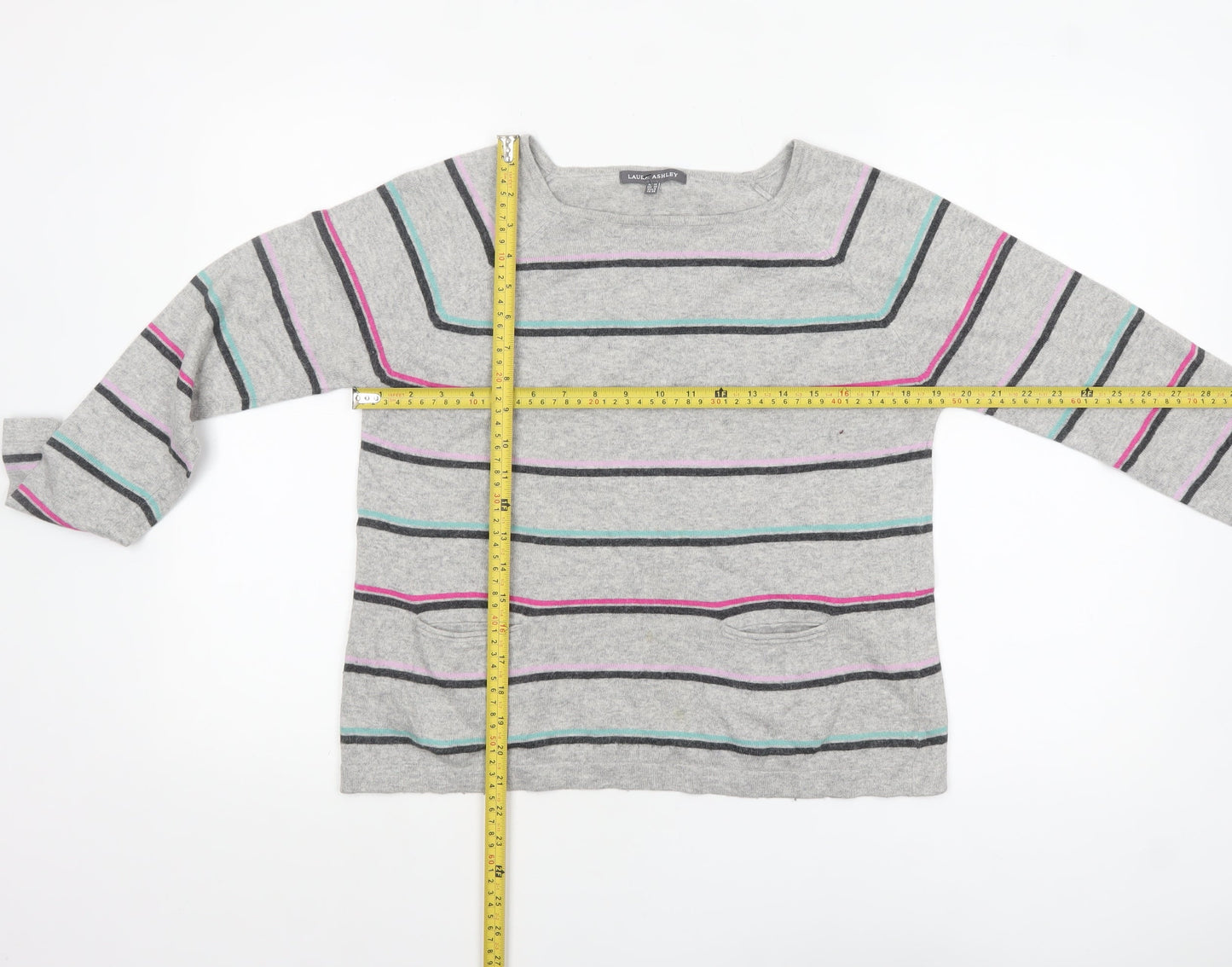 Laura Ashley Women’s Grey Striped Pullover Jumper UK 10 Cotton Blend