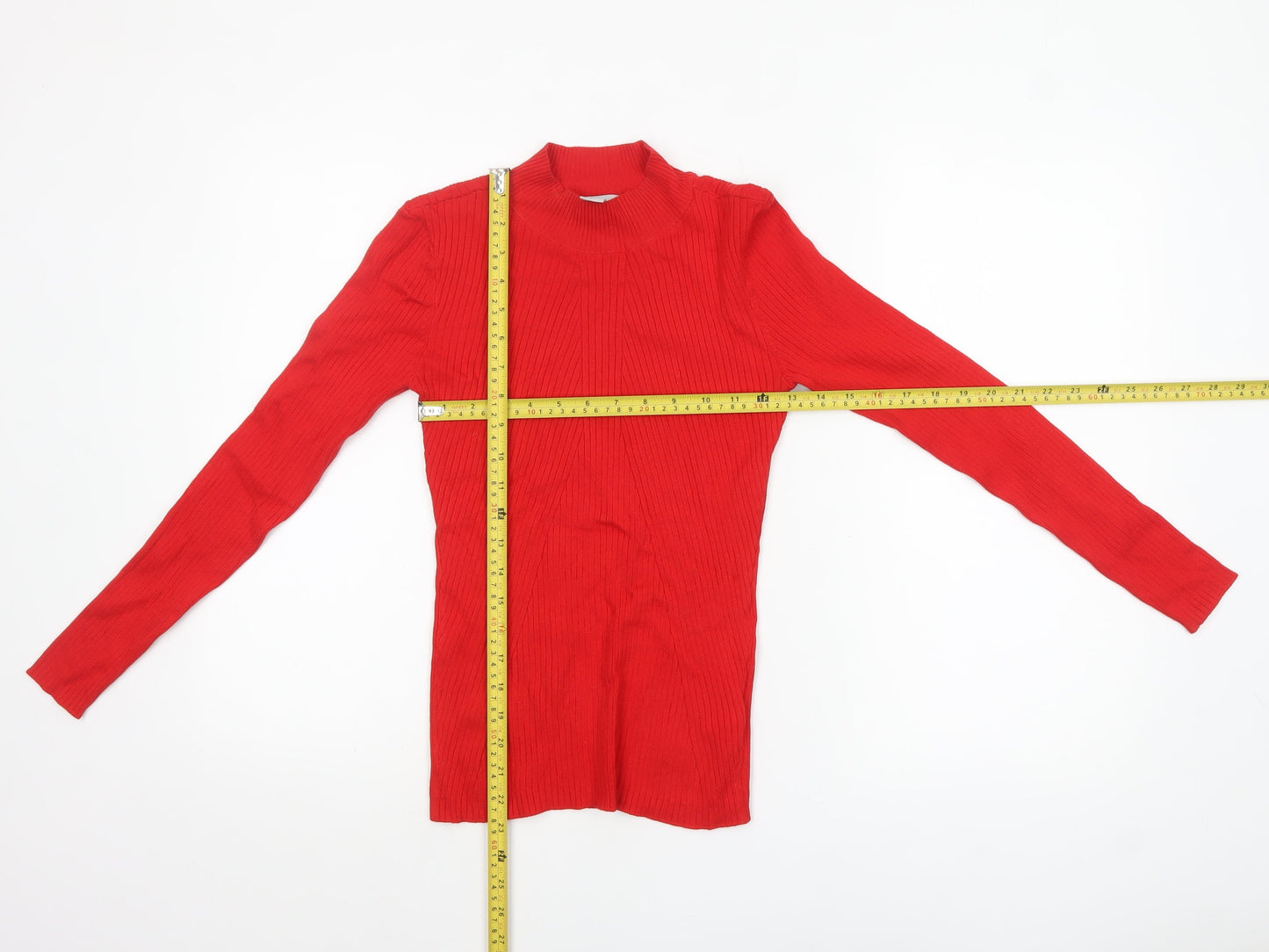 H&M Women's Red Mock Neck Slim Fit Rib Knit Jumper Size S