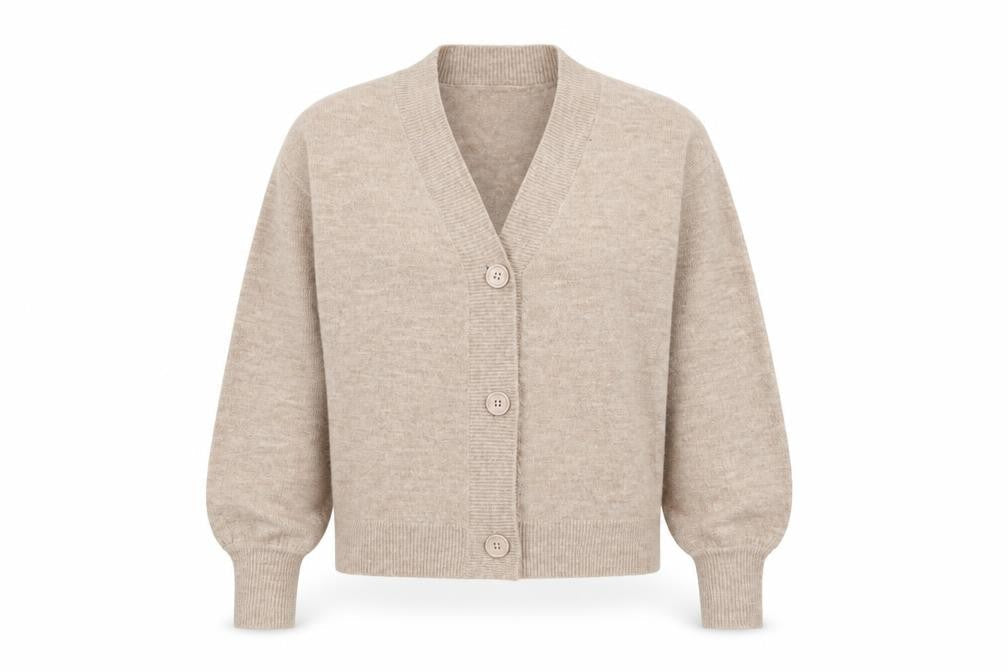 Front view of ASOS Design women’s beige cardigan uk 6 v-neck long sleeve knit