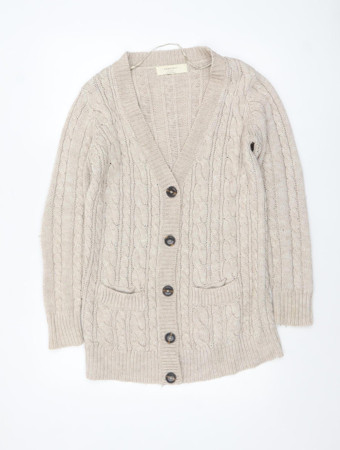 Zara Women Beige Cable-Knit Wool Blend V-Neck Cardigan Size 8
