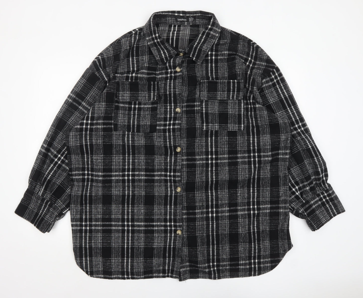 Boohoo Women Black Checked Flannel Shacket UK 18 Long Sleeve