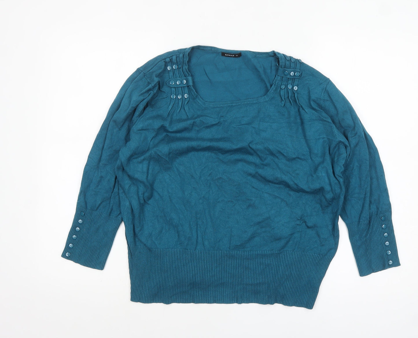 Roman Womens Blue Size 18 Square Neck Button Detail Pullover Jumper