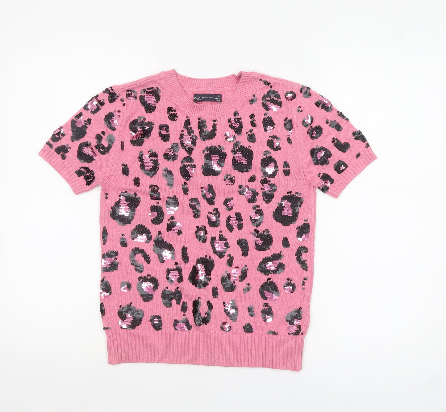 Marks and Spencer Women Pink Sequin Leopard Knit Jumper Size 10