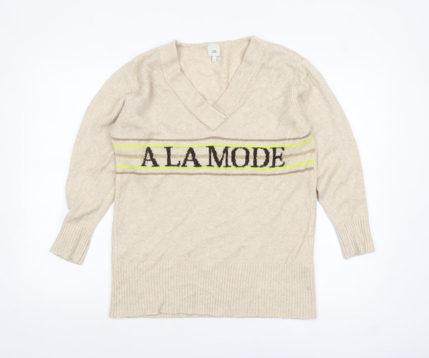 River Island Women Beige V-Neck 'A La Mode' Knit Jumper Size S