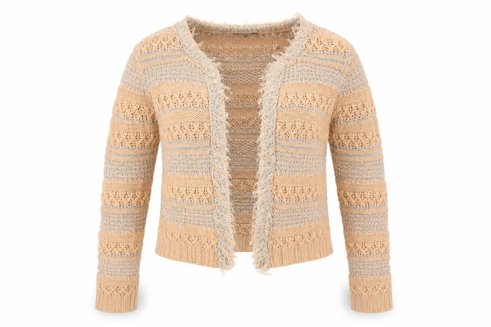 Opus London Women's Beige Striped Fringe Knit Cardigan Size 8