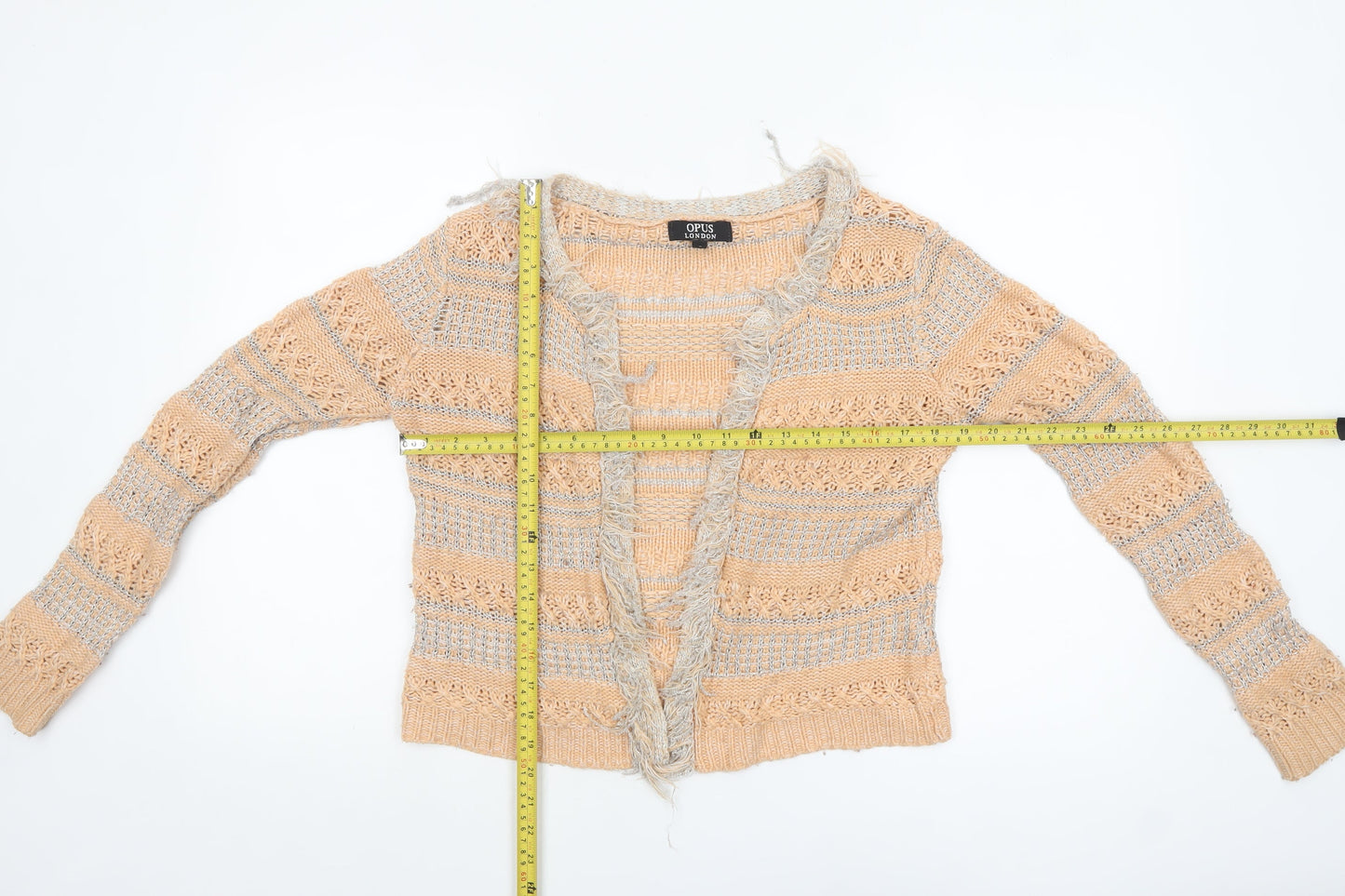 Opus London Women's Beige Striped Fringe Knit Cardigan Size 8