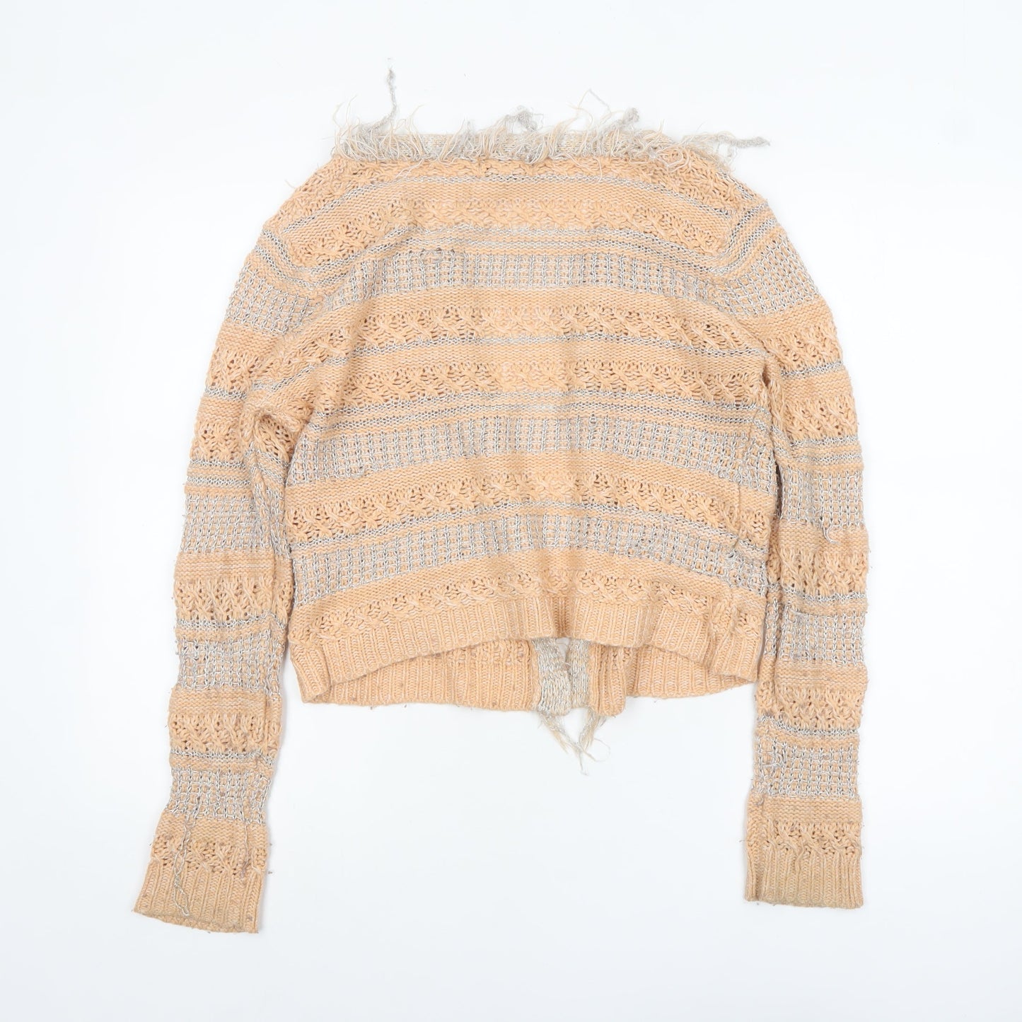 Opus London Women's Beige Striped Fringe Knit Cardigan Size 8