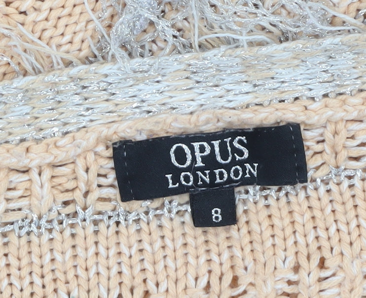 Opus London Women's Beige Striped Fringe Knit Cardigan Size 8