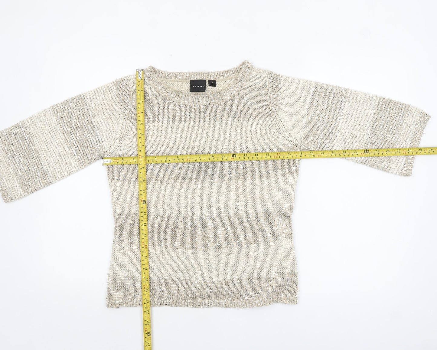 Tribal Women’s Beige Sequin Knit 3/4 Sleeve Pullover Jumper Size S