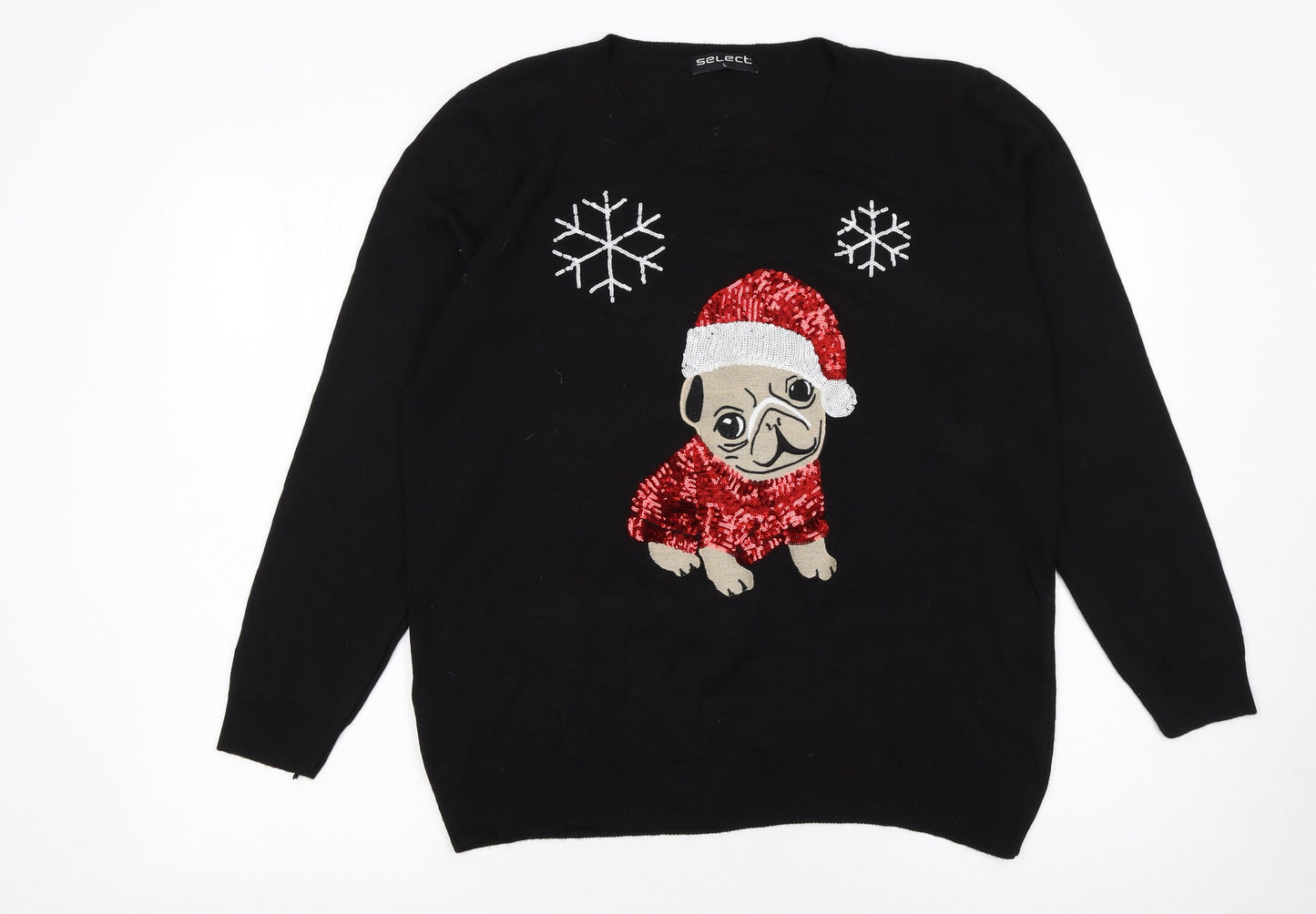 Select Womens Black Christmas Dog Sequin Jumper L