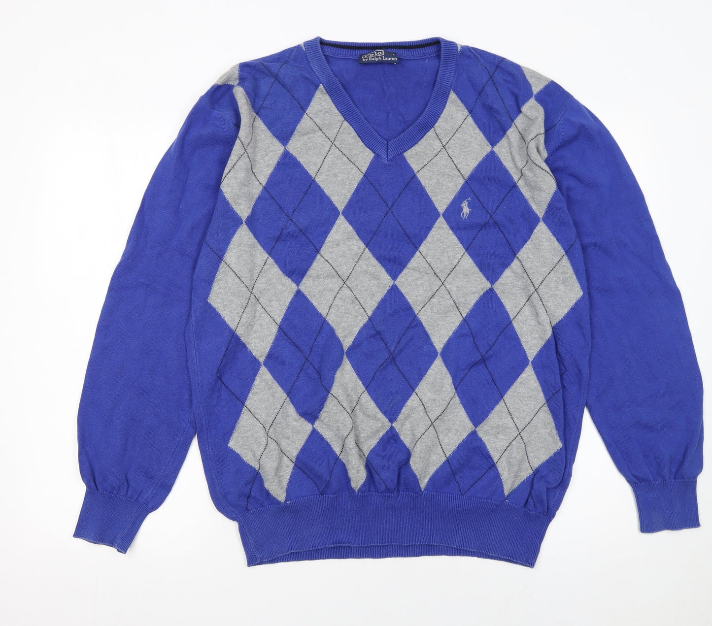 Polo Ralph Lauren Men's Blue Argyle V-Neck Cotton Jumper XL