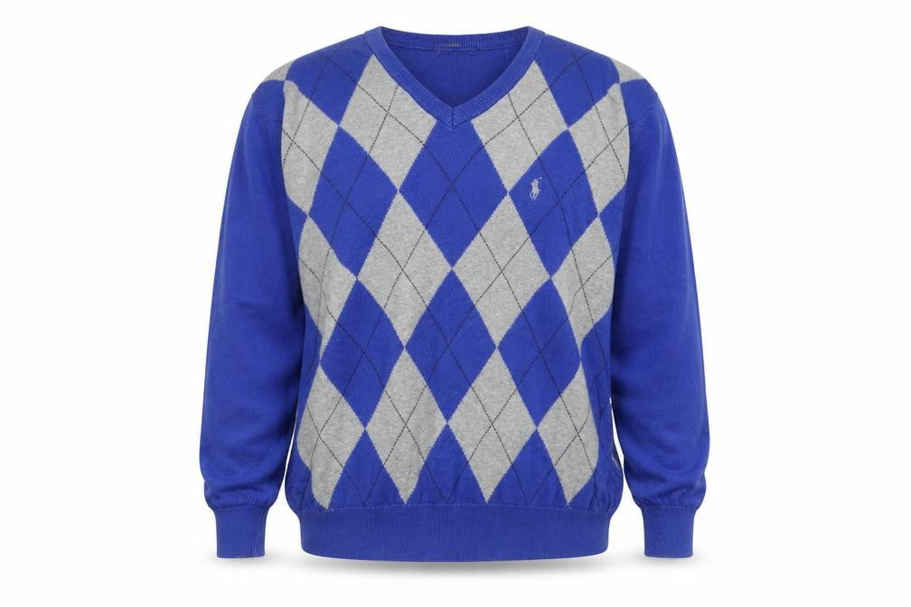 Polo Ralph Lauren Men's Blue Argyle V-Neck Cotton Jumper XL
