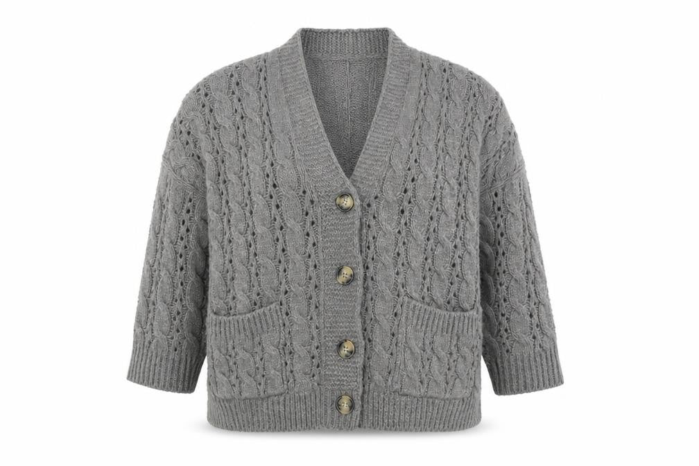 QED London Women's Grey Cable Knit Long Sleeve V-Neck Cardigan S