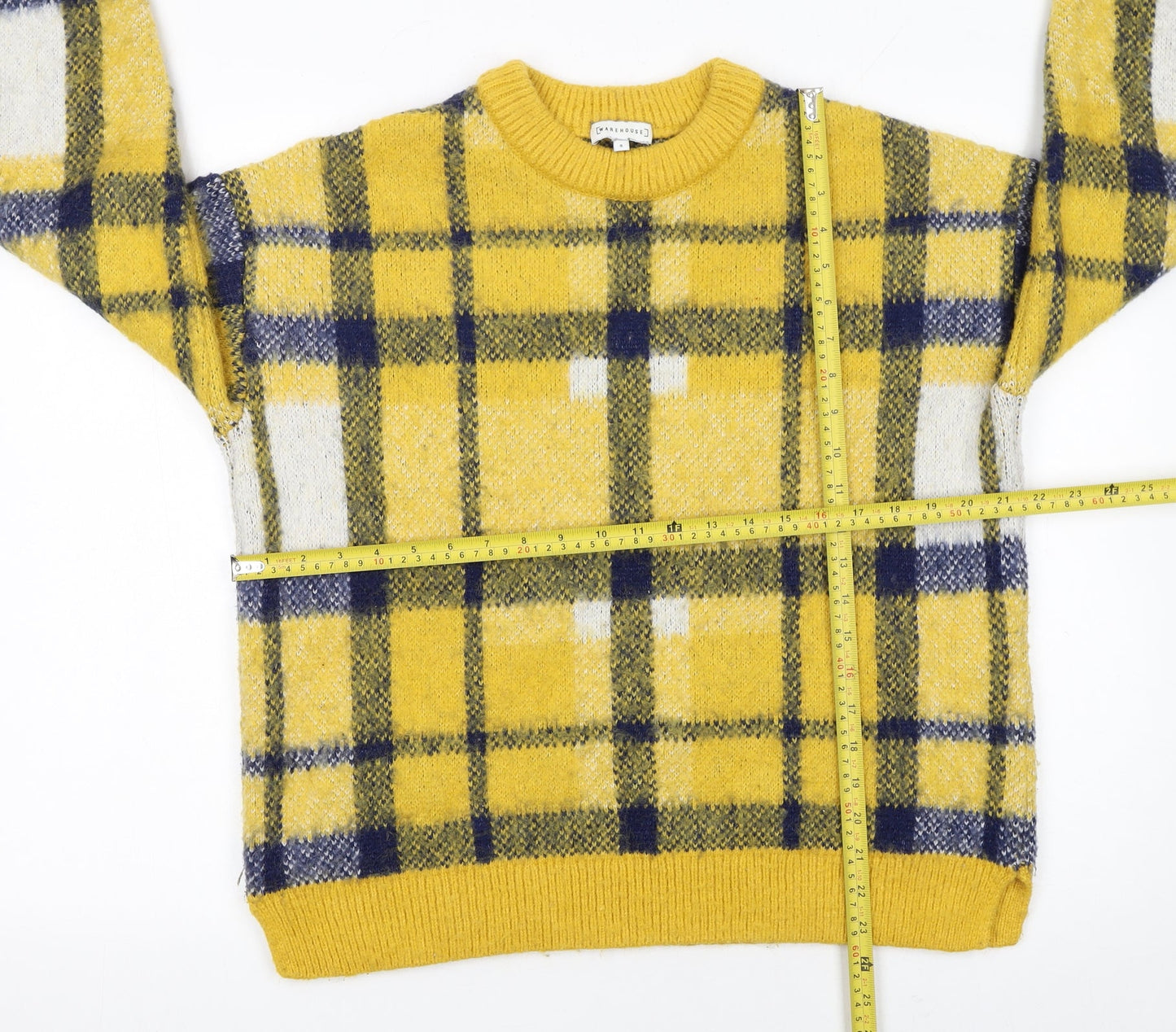 Warehouse Women's Yellow Check Wool Blend Pullover Jumper Size 8