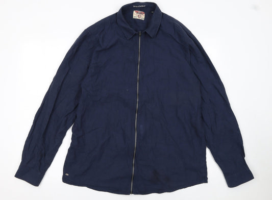 Tokyo Laundry Men's Blue Cotton Zip-Up Long Sleeve Shirt XL
