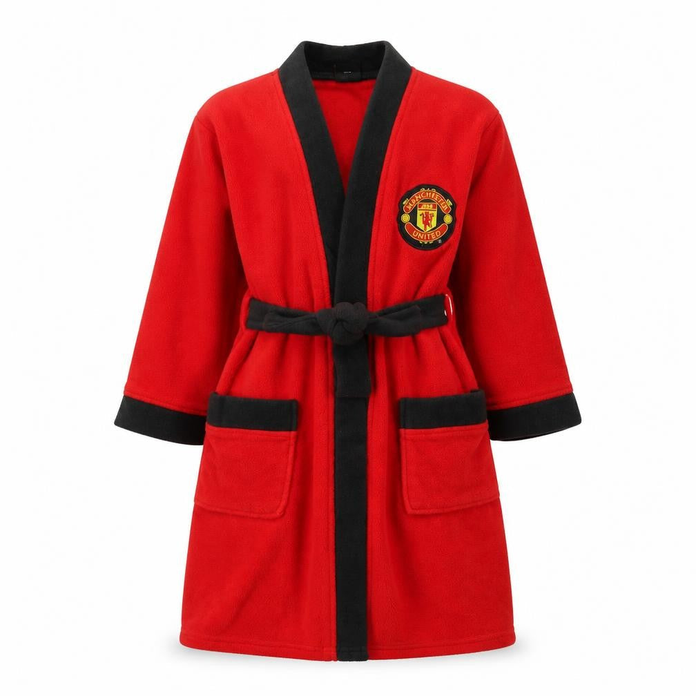 Front view of Manchester United boys’ red fleece robe 6-7 years belted winter nightwear