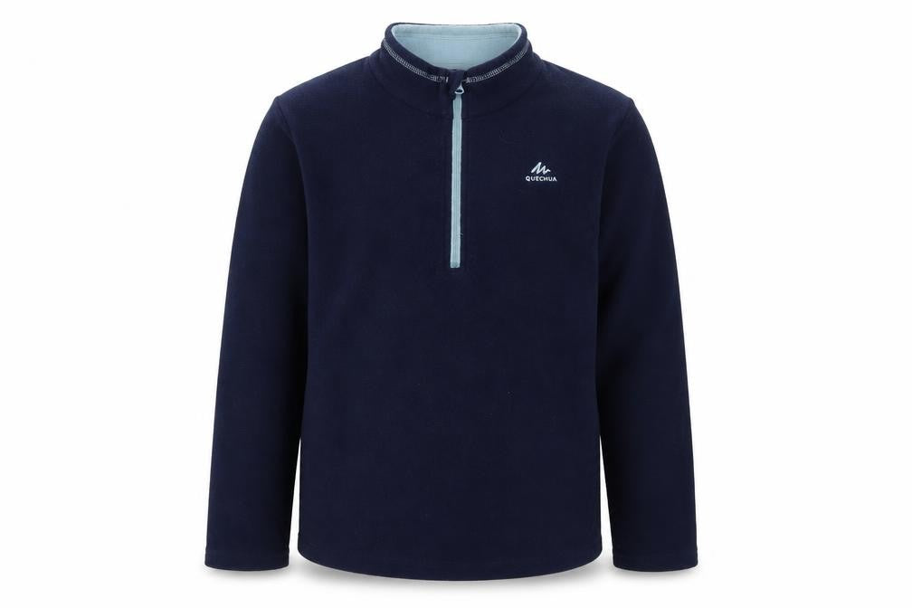Front view of Quechua boys’ blue fleece 1/2 zip pullover sweatshirt 12-13 years