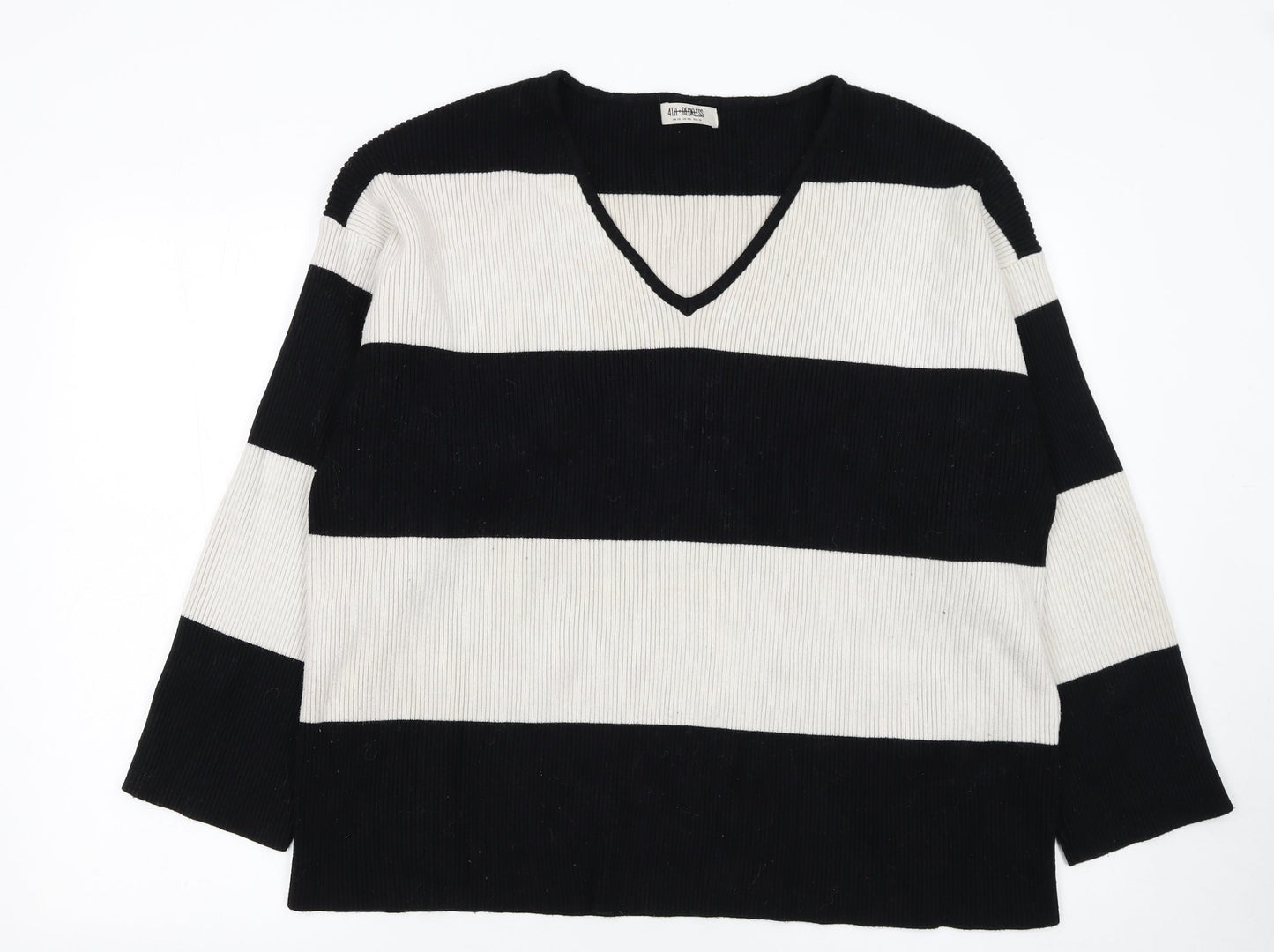 4th + Reckless Womens Black White Striped V-Neck Knit Jumper Size 20