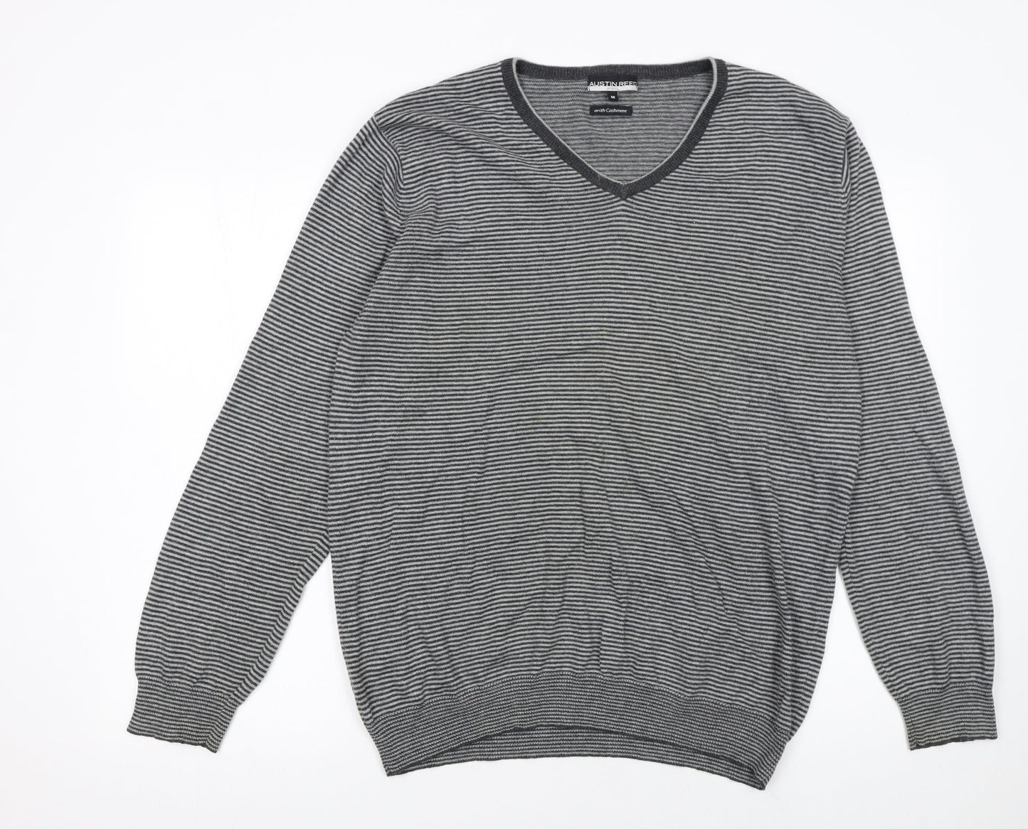 Austin Reed Men’s Grey Striped V-Neck Cashmere Blend Jumper M