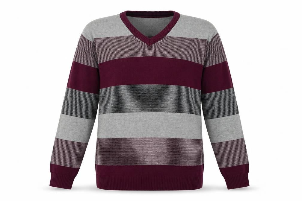 Maine New England Men’s XL Grey Stripe Cotton V-Neck Jumper