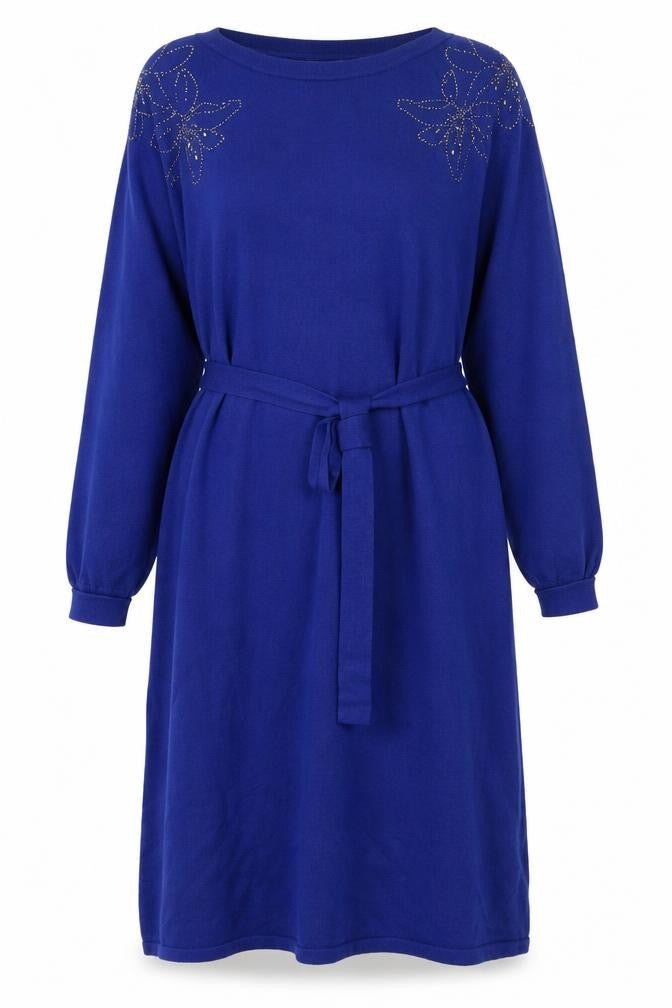 WoolOvers Women's Blue Knit Belted Sweater Dress Size L