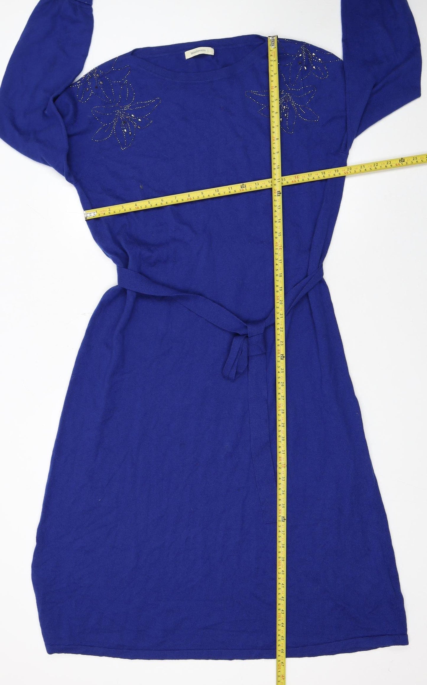 WoolOvers Women's Blue Knit Belted Sweater Dress Size L
