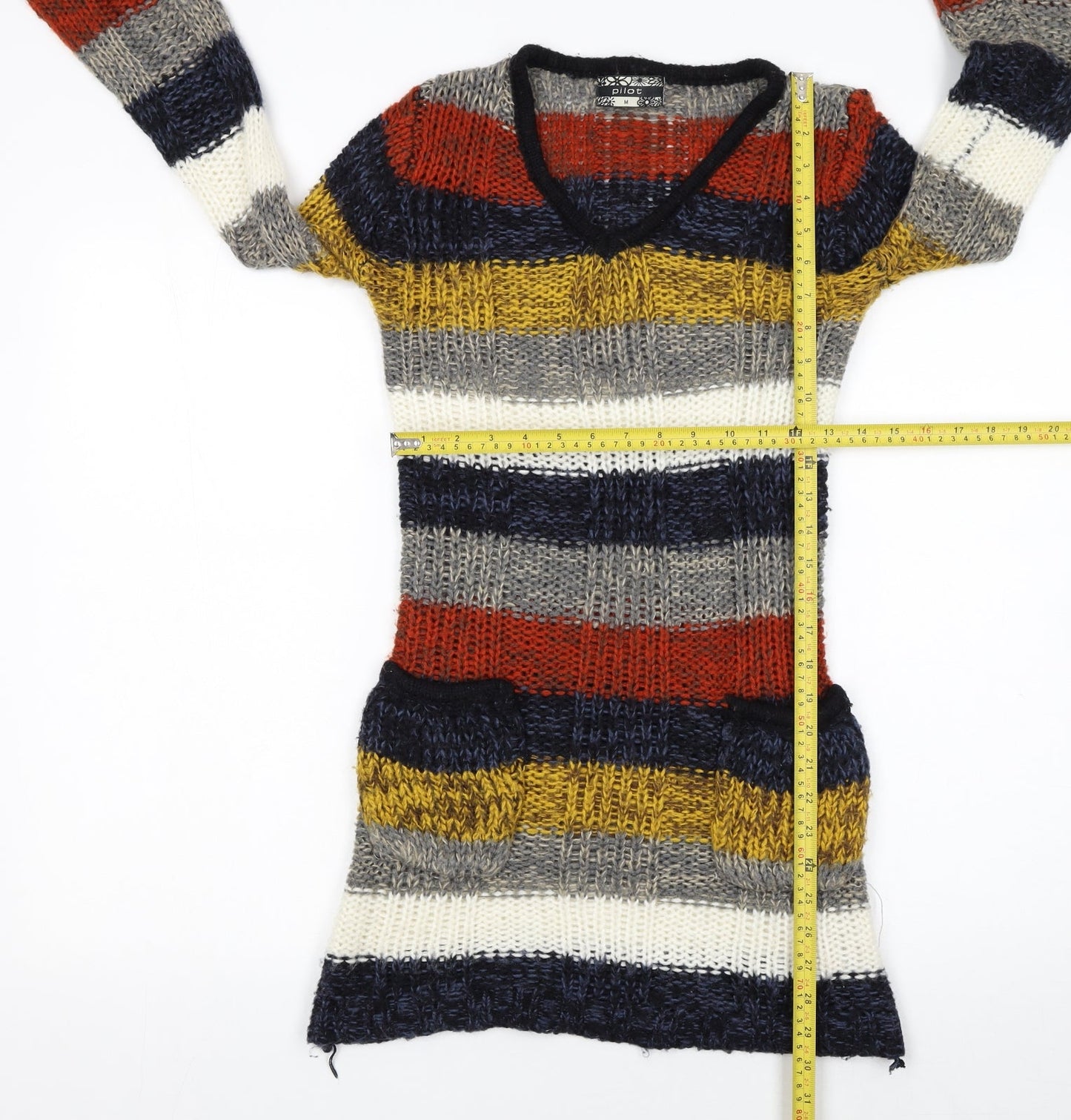 Pilot Women’s Multicoloured Striped V-Neck Chunky Knit Jumper M