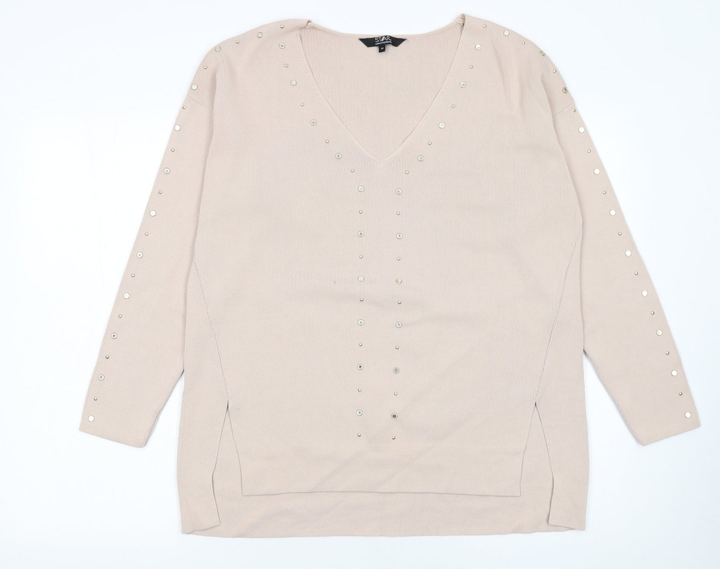 Star by Julien Macdonald Women's Beige Studded V-Neck Jumper Size 14