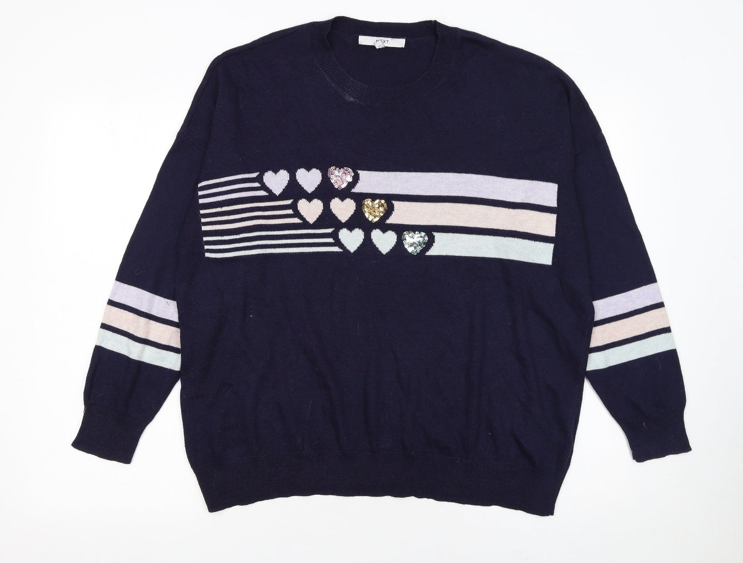 NEXT Women’s Blue Sequin Heart Striped Crew Neck Jumper Size L