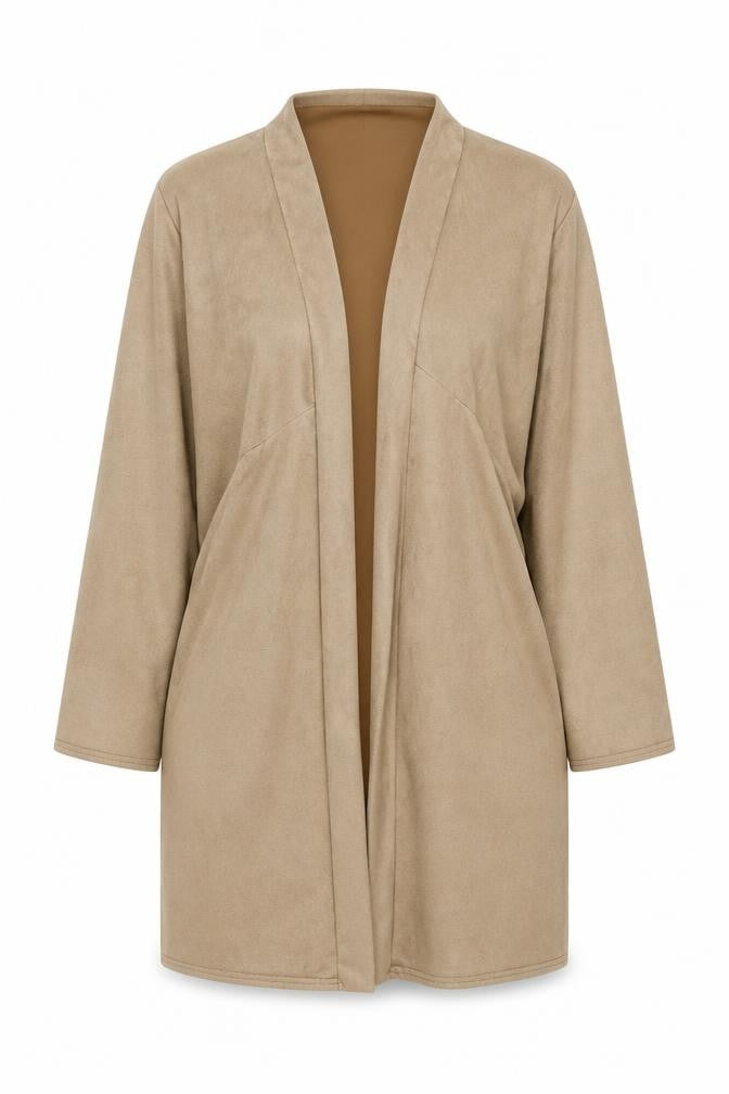 Nicole Collection Women Beige Longline Coatigan XL Open Front Suede Look