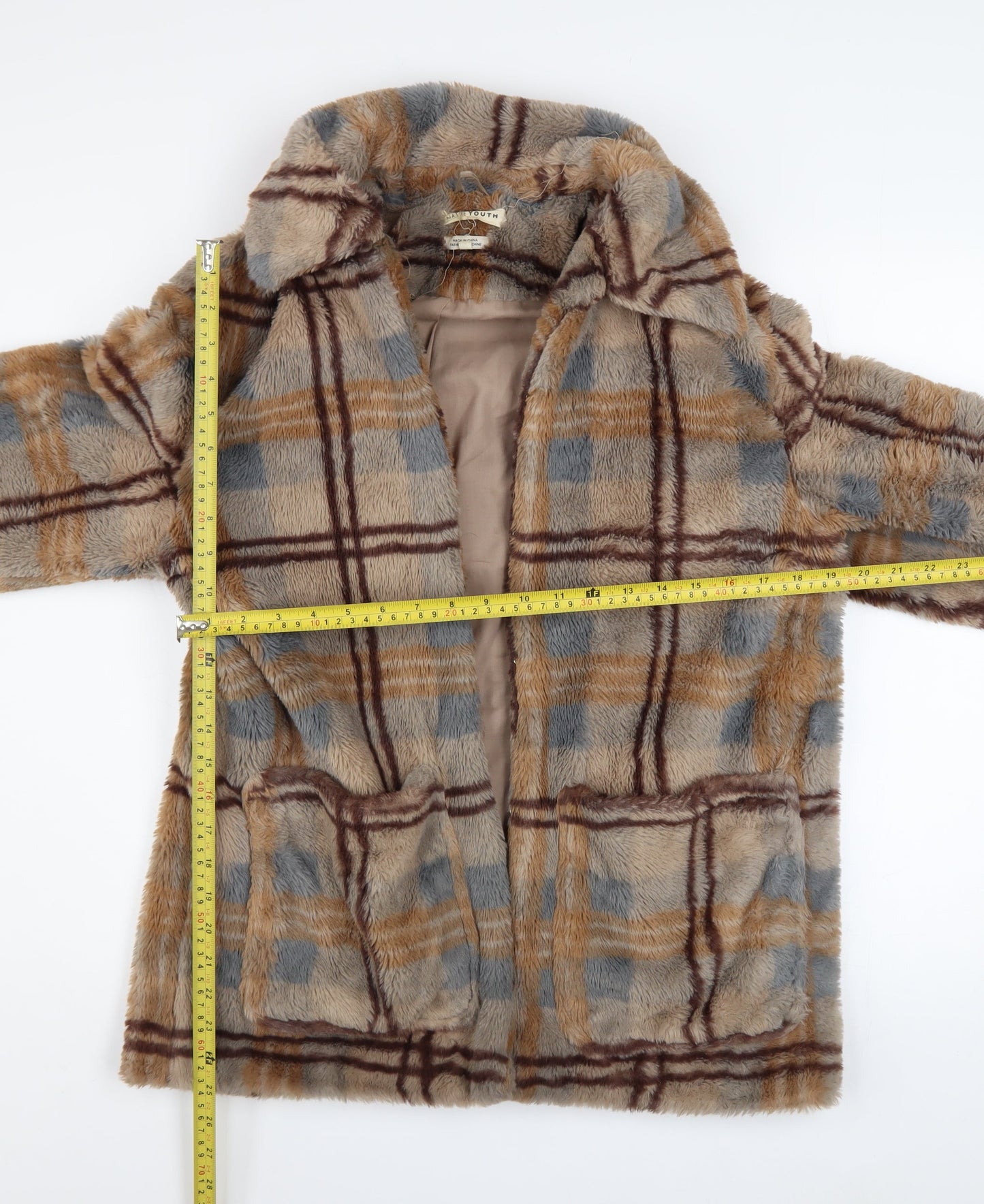 Native Youth Women’s Beige Check Faux Fur Coat XS