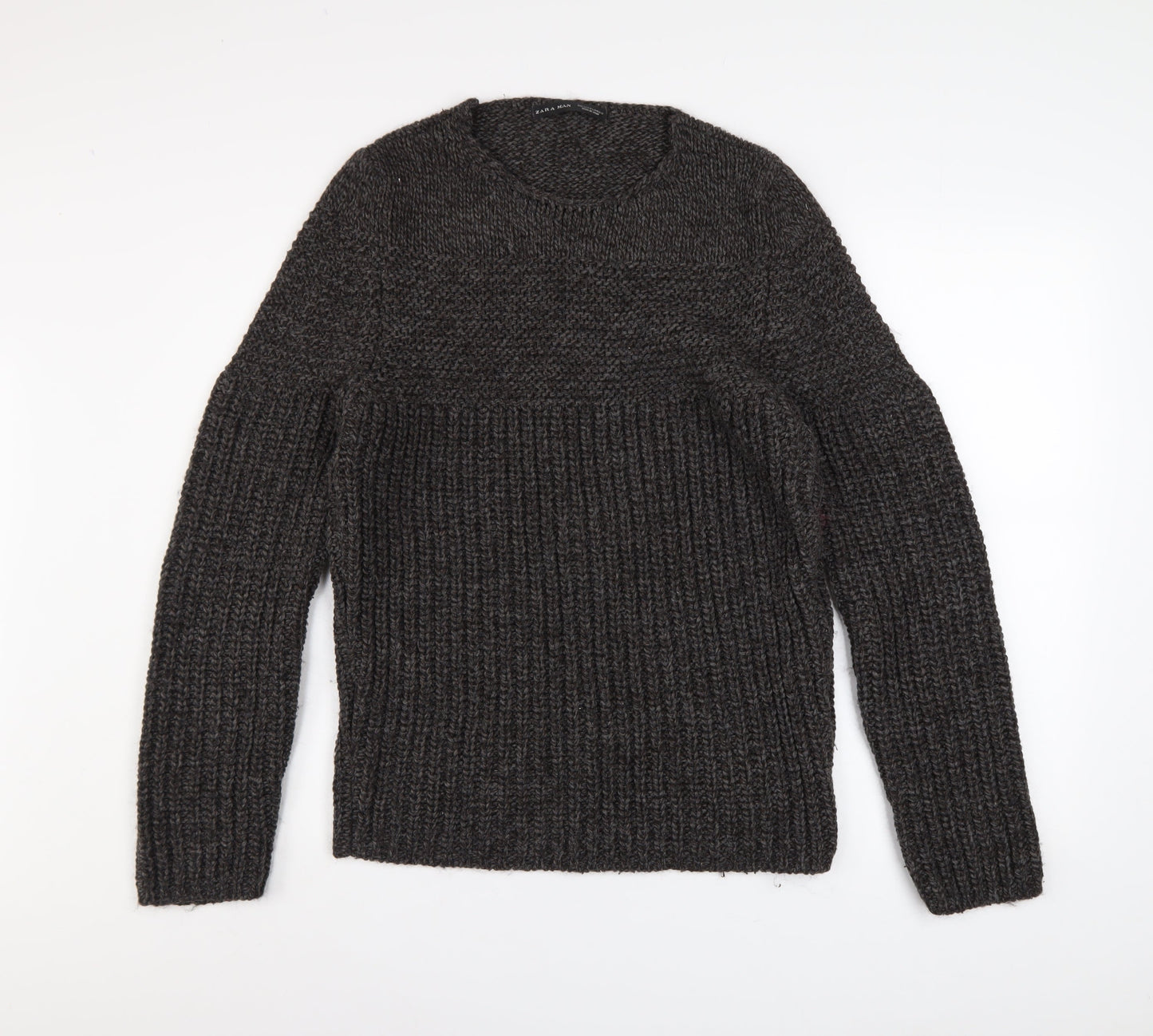 Zara Man Mens Grey Chunky-Knit Crew Neck Pullover Jumper Size L