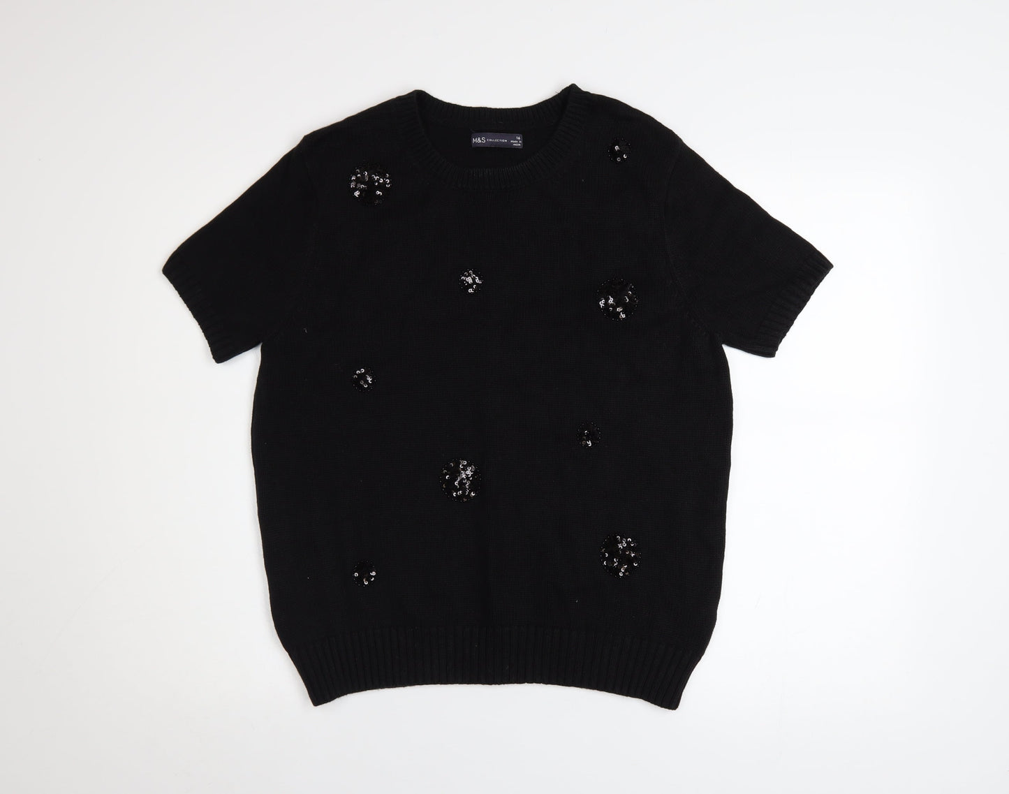 Marks and Spencer Women's Black Sequin Cotton Short Sleeve T-Shirt Size 16