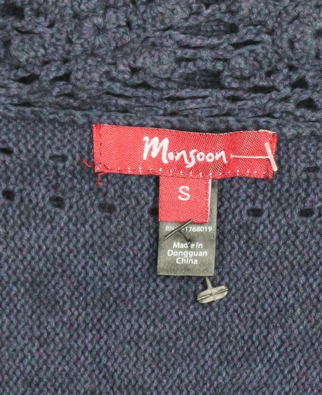 Monsoon Women's Blue Crochet Knit V-Neck Short Sleeve Jumper Size S