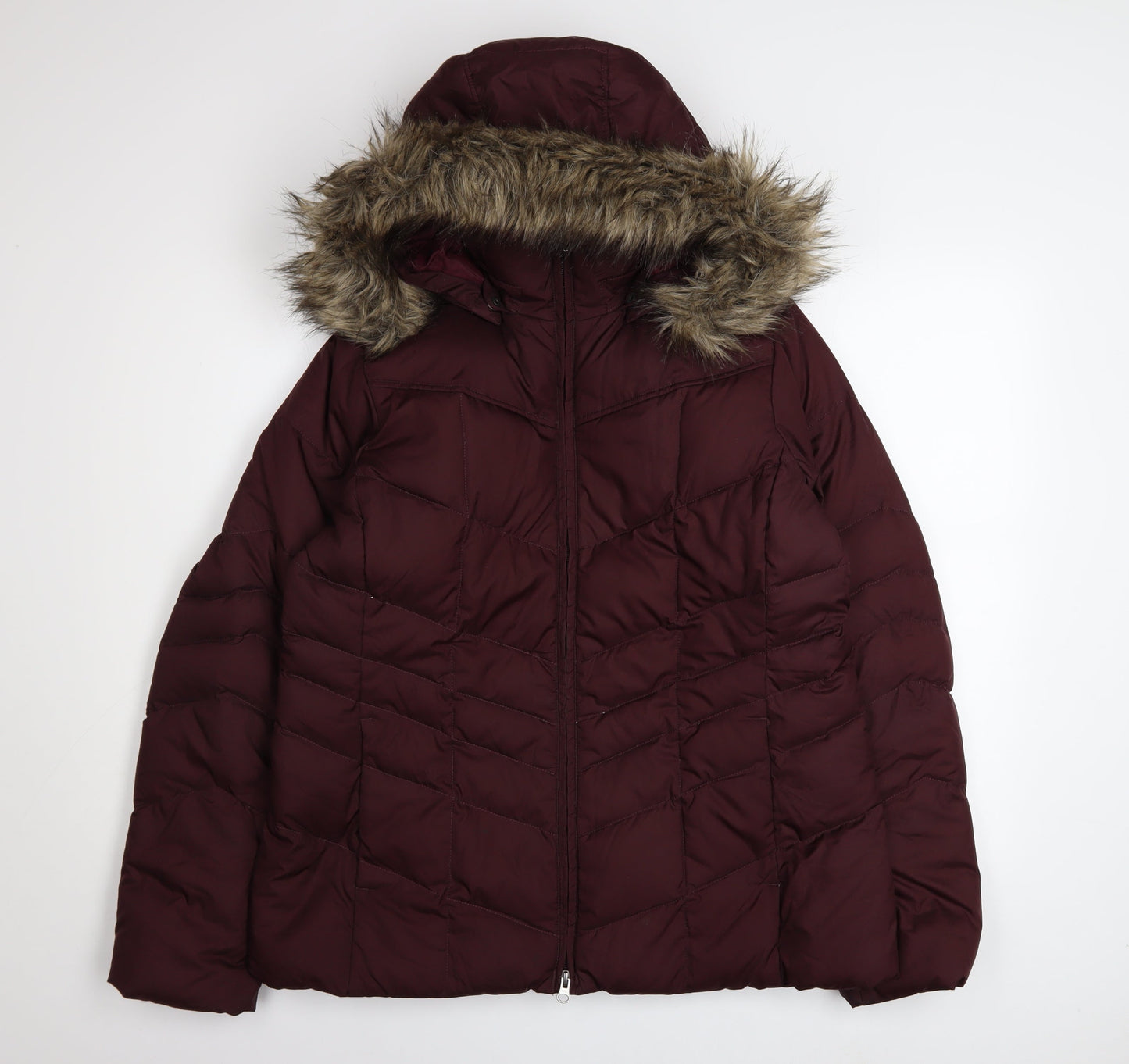 Lands' End Womens Red Down Puffer Jacket L Fur Hood Winter Coat