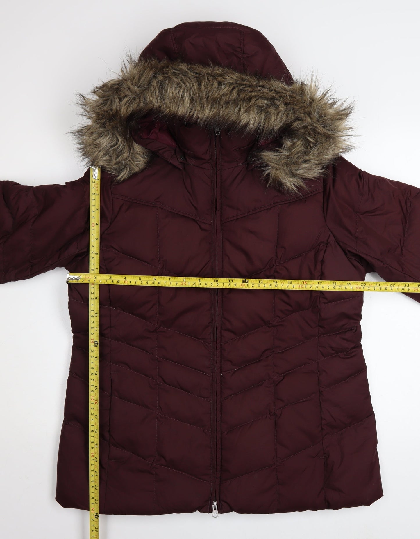Lands' End Womens Red Down Puffer Jacket L Fur Hood Winter Coat