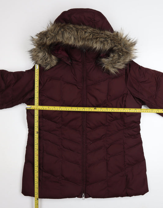 Lands' End Womens Red Down Puffer Jacket L Fur Hood Winter Coat