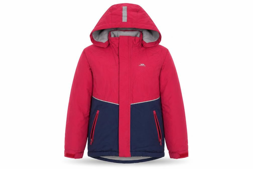 Front view of Trespass girls’ pink & blue waterproof hooded puffer jacket 9-10 years