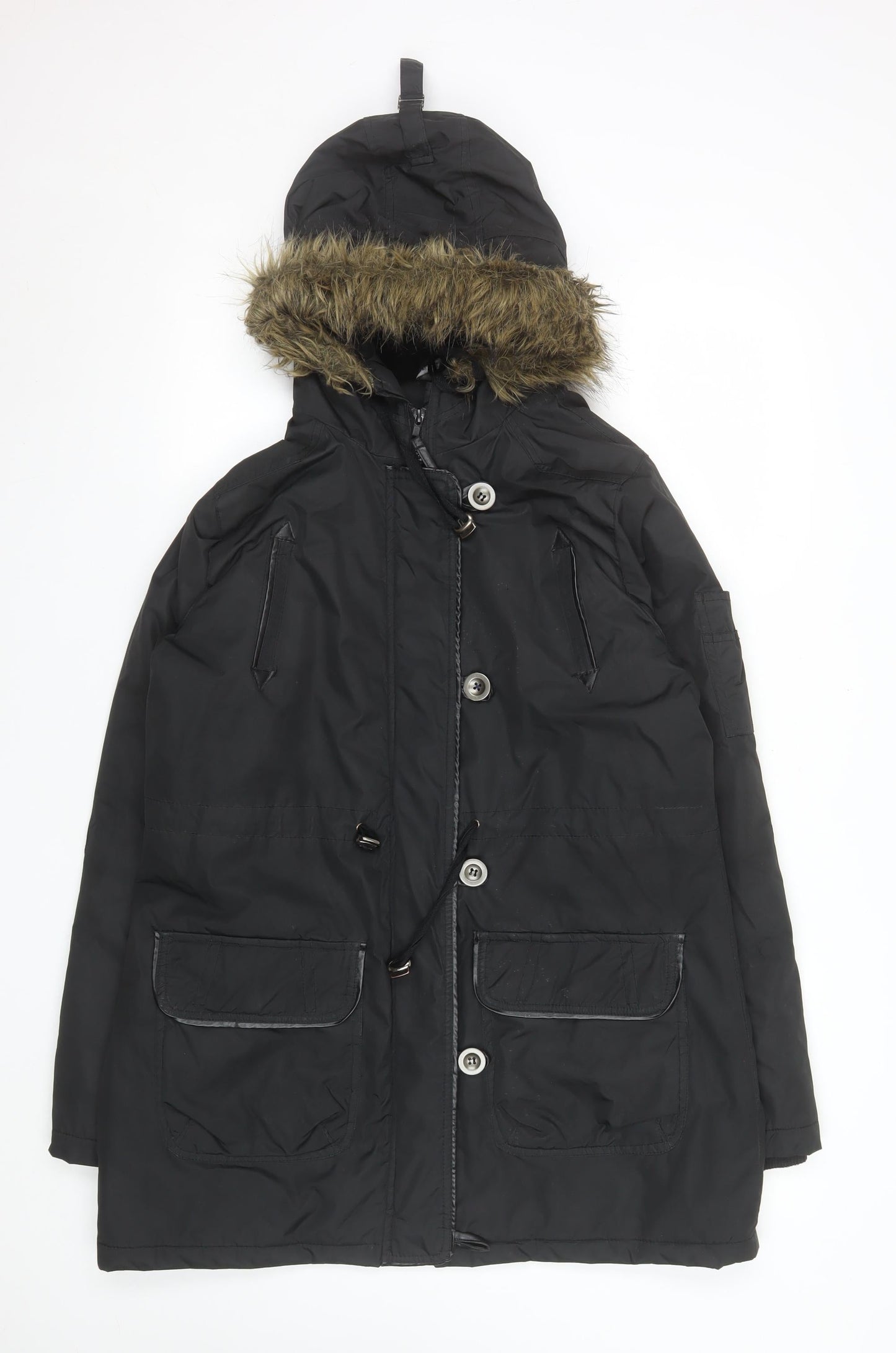 Fluid Womens Black Faux Fur Hooded Parka Coat Size 12