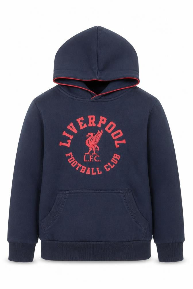 Front view of Liverpool FC boys’ navy hoodie 8-9 years pullover hooded sweatshirt