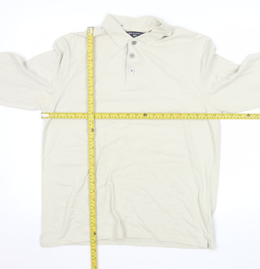 Marks and Spencer Men's Beige Long Sleeve Cotton Stretch Polo Medium