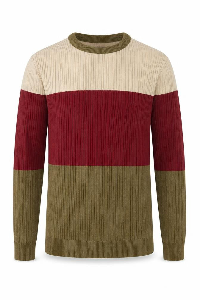 ASOS Mens Beige Red Brown Colour Block Cotton Crew Neck Jumper M