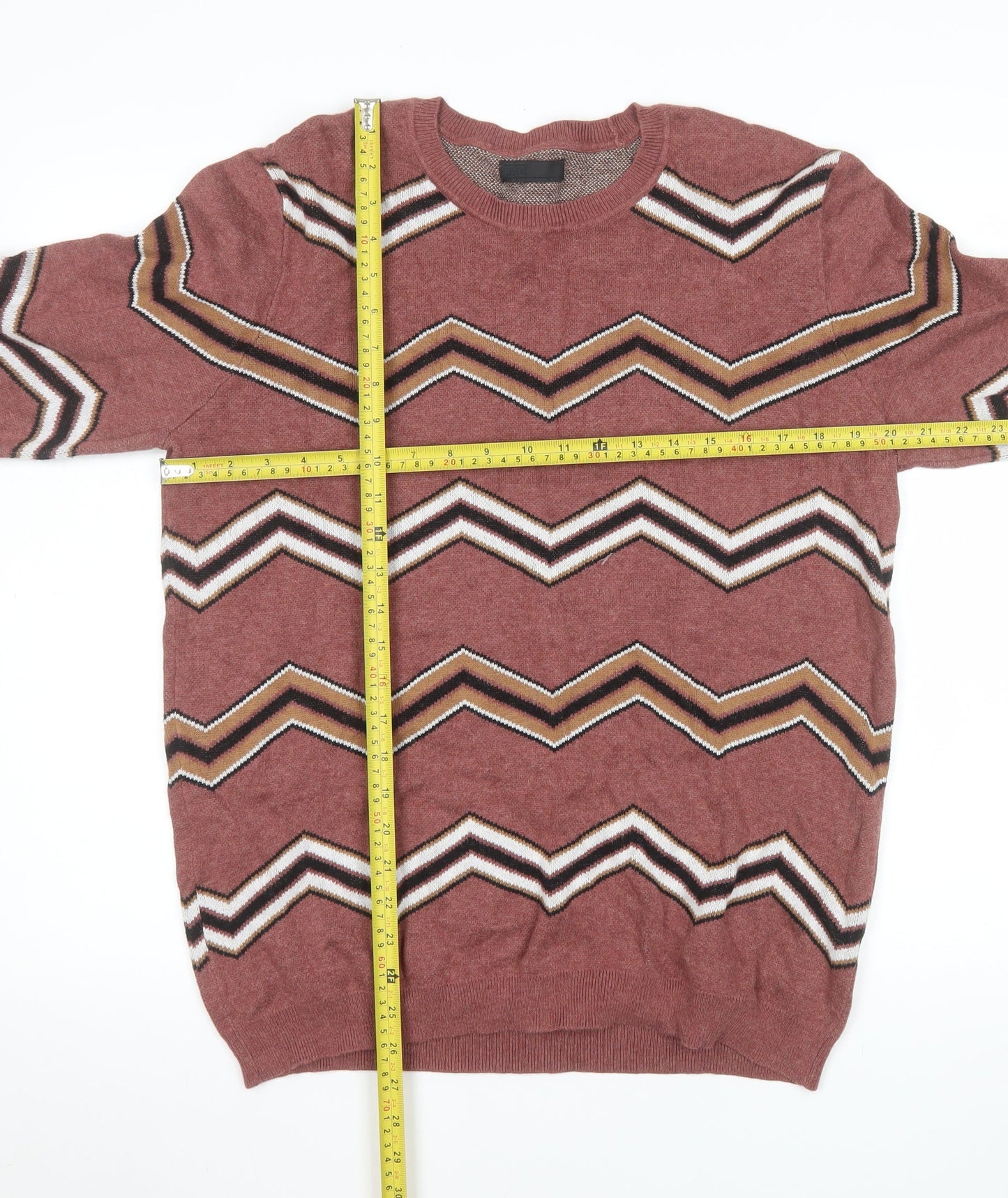 ASOS Mens Brown Chevron Cotton Knit Jumper L Crew Neck Pullover