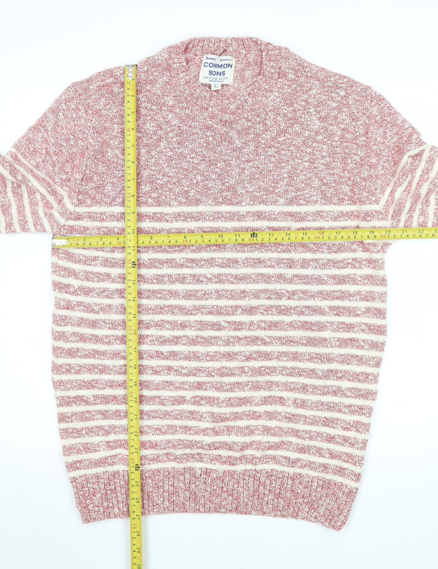 Common Sons Men's Red Striped Cotton Crew Neck Jumper Size L