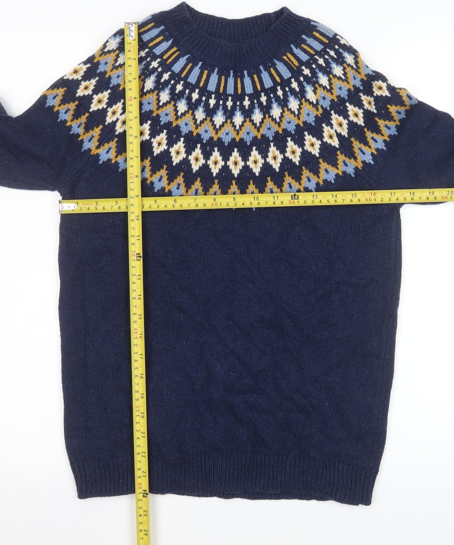 Fat Face Women's Navy Fair Isle Crew Neck Jumper UK 8 Wool Cotton Blend