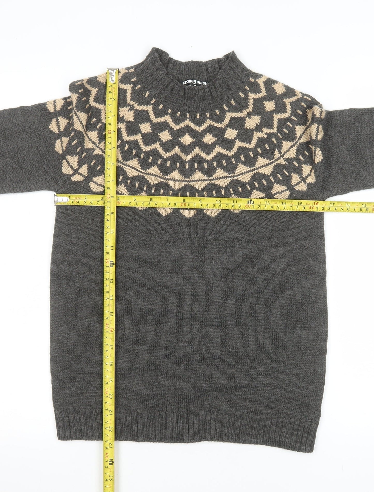 Fashion Union Women’s Grey Fair Isle High Neck Tall Jumper Size 8