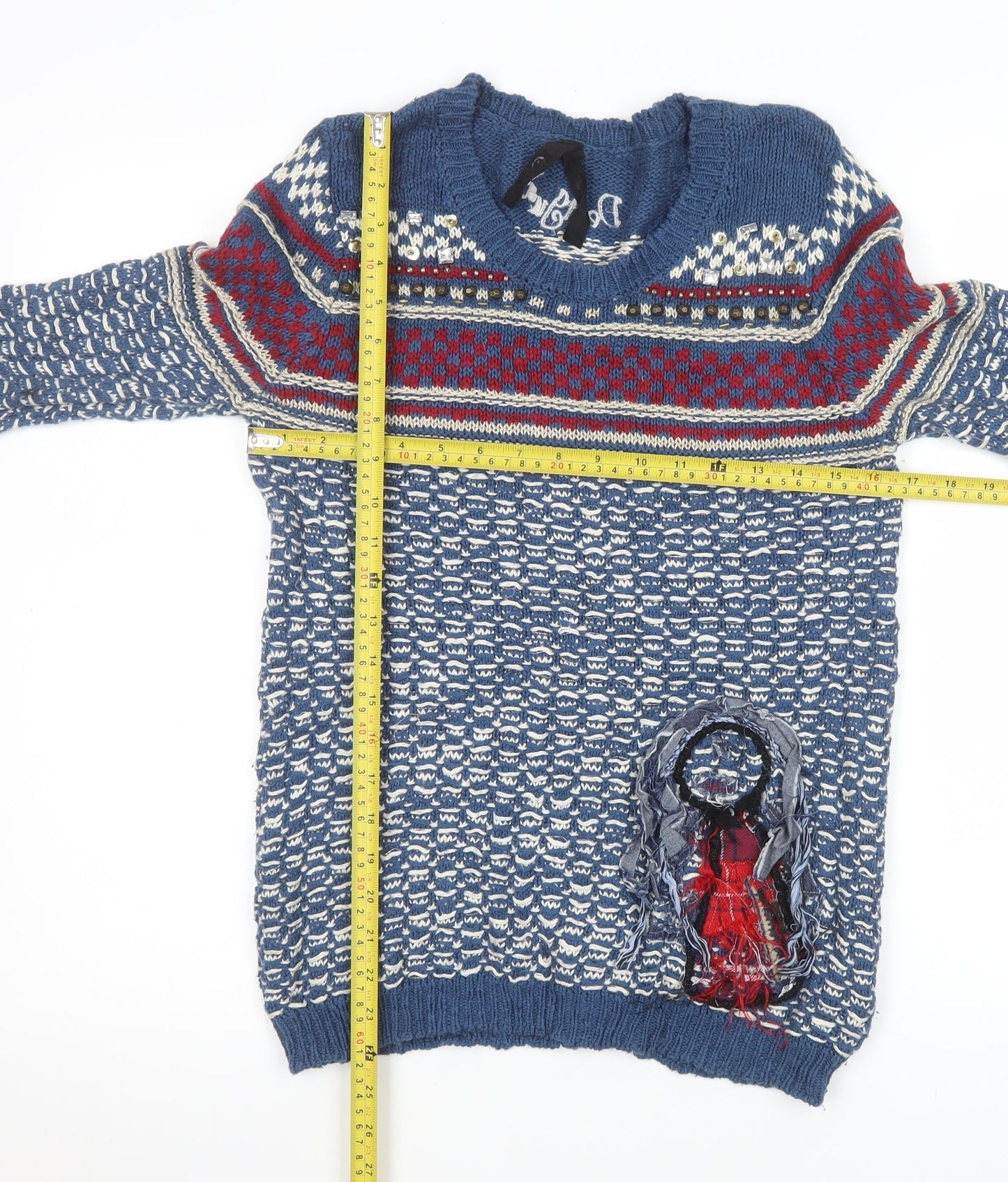 Desigual Women's Blue Fair Isle Cotton Jumper Size 8 Crew Neck Knit