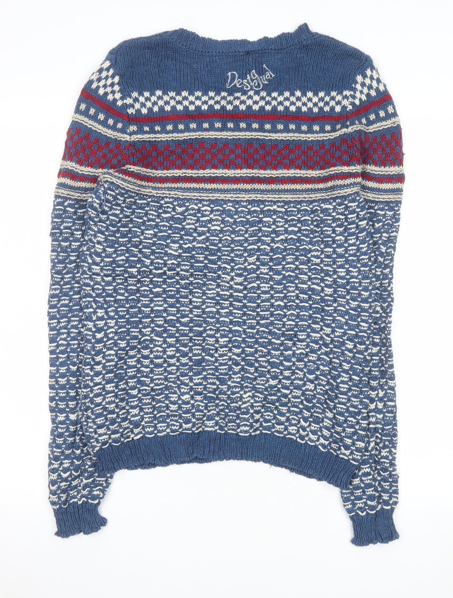 Desigual Women's Blue Fair Isle Cotton Jumper Size 8 Crew Neck Knit