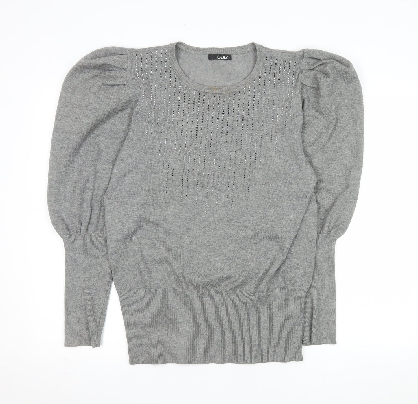 Quiz Womens Grey Sequin Puff Sleeve Pullover Jumper Size L